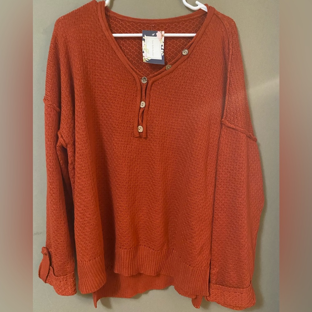 Mountain Valley Trading Button V-neck Knit Sweater Orange Large NWT - Picture 2 of 5